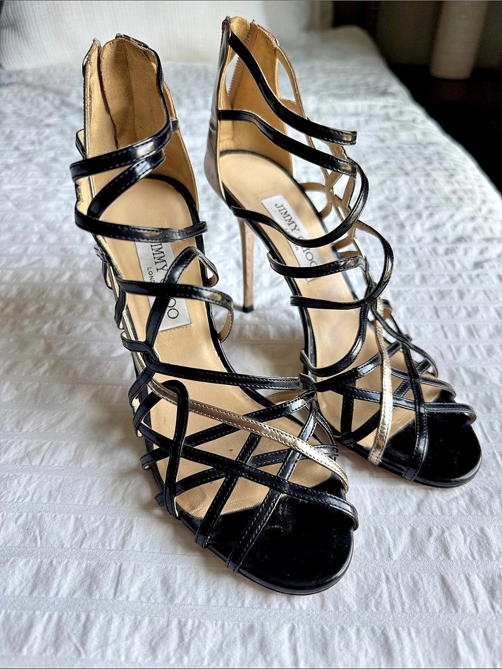 Jimmy Choo Dario Ladder Caged Sandal Black & Gold EU 38